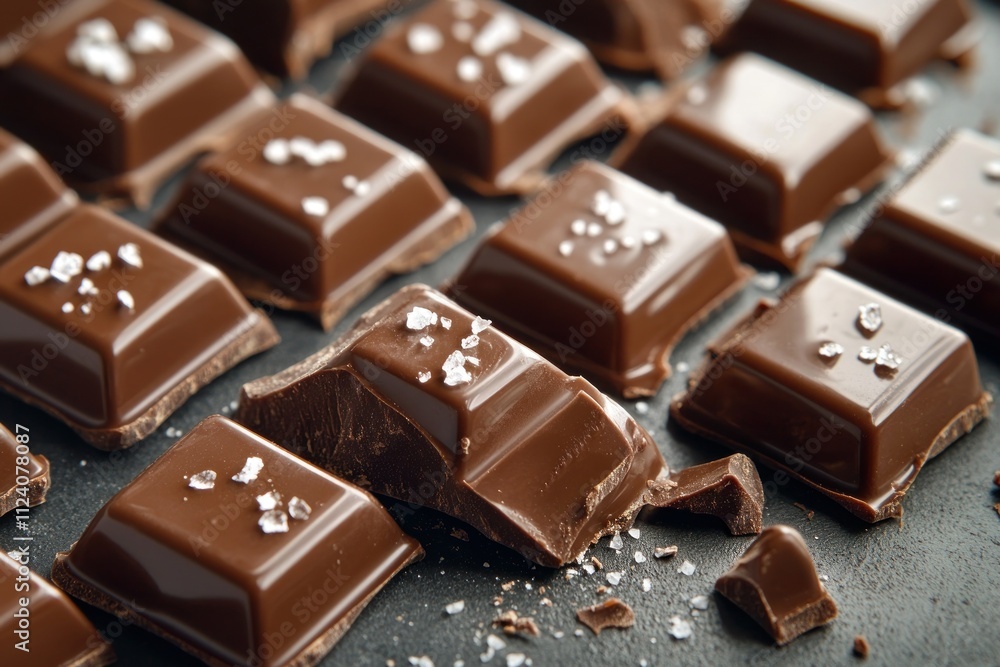 A close-up of chocolate squares with a sprinkle of salt, highlighting indulgence and flavor. A close-up of chocolate squares with a sprinkle of salt, highlighting indulgence and flavor.