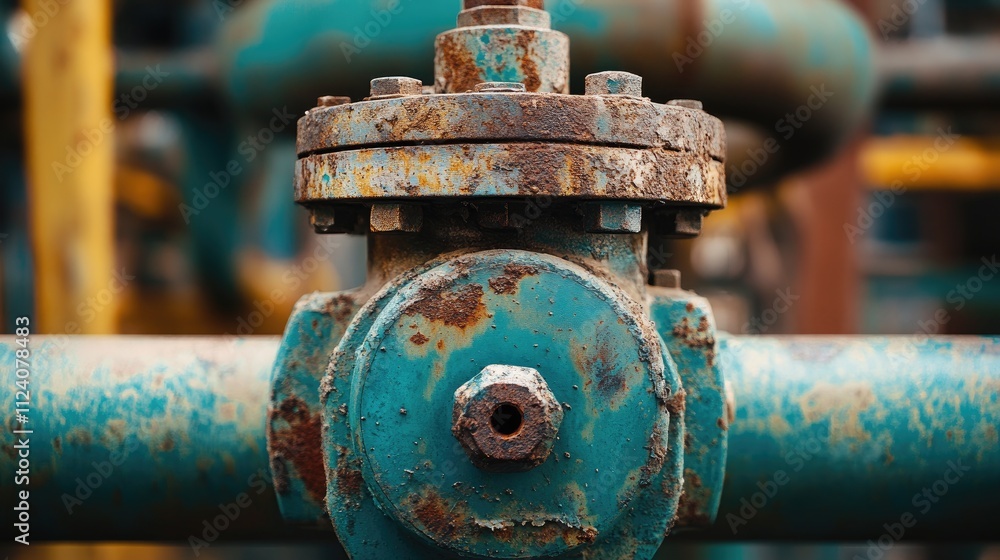 Weathered Industrial Valve with Rust on Blue Pipe Background Weathered Industrial Valve with Rust on Blue Pipe Background