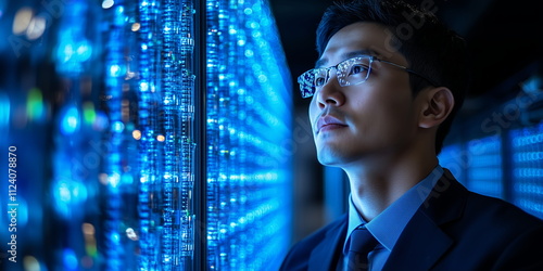 Asian AI development. IT engineer in front of rapidly calculating server wall.