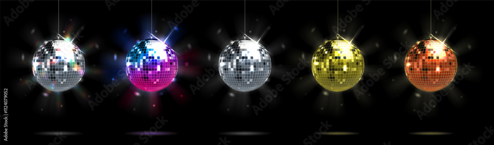 Obraz premium Disco ball. 3D party mirror light globe. Hanging silver discoball for retro dance DJ club. Golden, red and neon glow glittering spheres. 90s celebration discotheque elements vector set