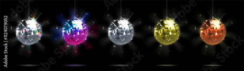 Disco ball. 3D party mirror light globe. Hanging silver discoball for retro dance DJ club. Golden, red and neon glow glittering spheres. 90s celebration discotheque elements vector set