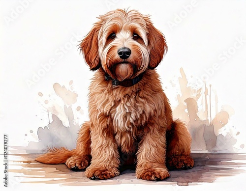 Fluffy Goldendoodle sitting with a charming expression and a colorful background.
