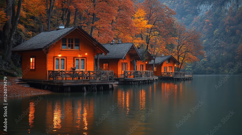 Obraz premium Tranquil lakeside cabins surrounded by autumn foliage reflecting in calm waters.