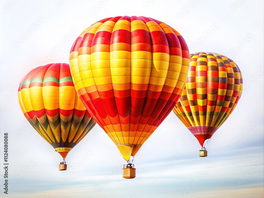 Obraz premium Vibrant Long Exposure of Three Red and Yellow Hot Air Balloons with Baskets Against a Clean White Background, Capturing the Essence of Adventure and Freedom in the Sky