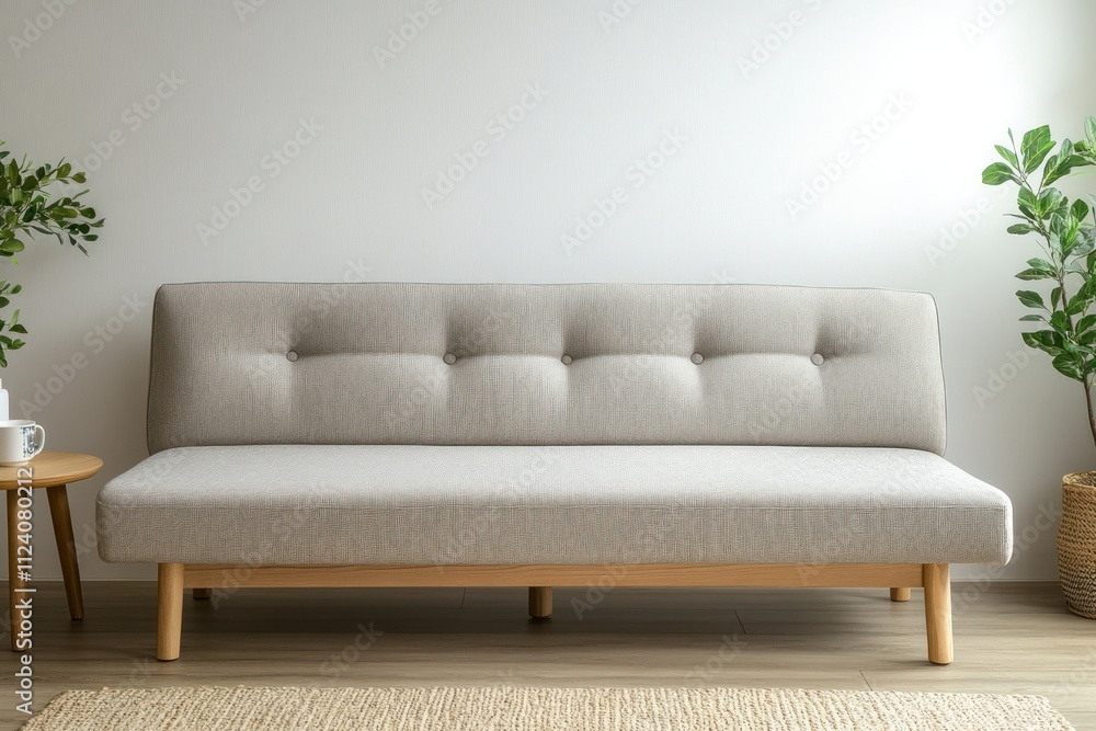 A modern, minimalist sofa with a light gray fabric and wooden legs in a bright room. A modern, minimalist sofa with a light gray fabric and wooden legs in a bright room.