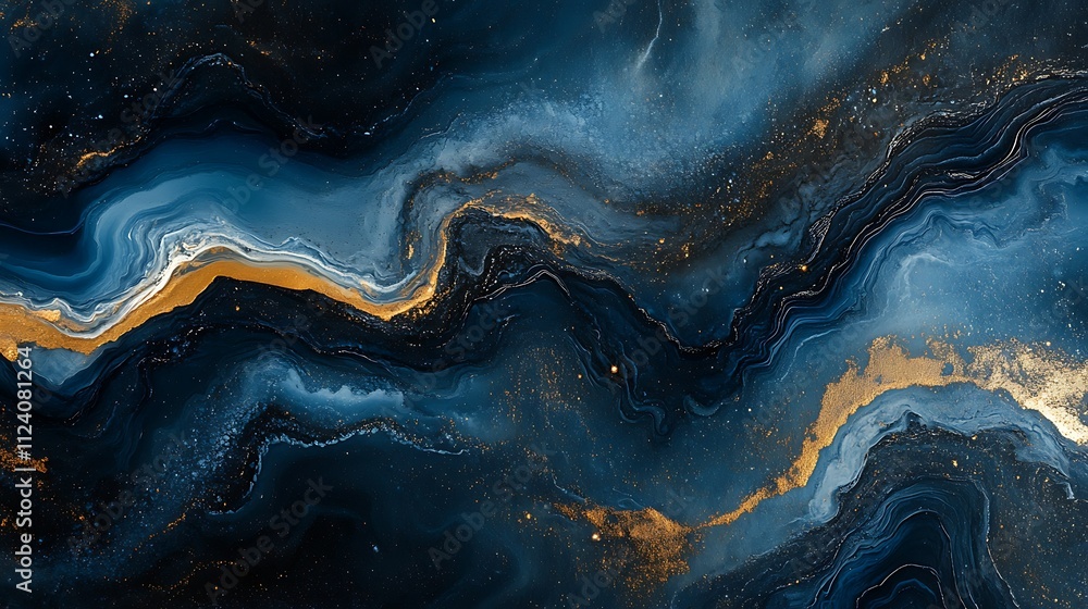 Obraz premium Abstract blue and gold marble texture with swirling patterns and glittering accents.