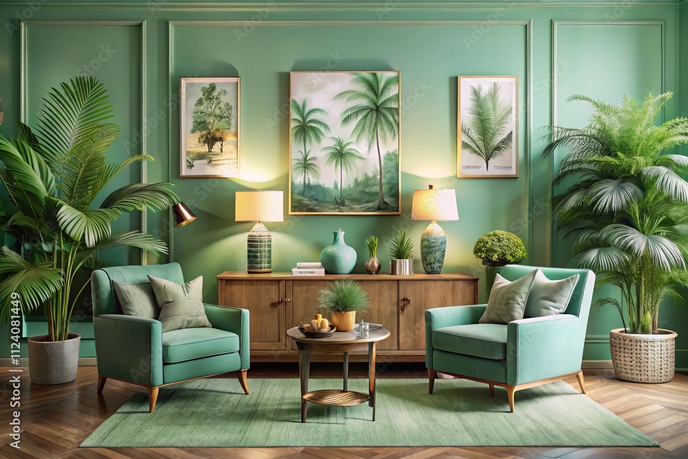 Naklejka premium Vintage Elegance in a Mint Green Living Room with Seafoam Walls, Mint Credenza, Palm Tree Art, Potted Ferns, Wooden Side Tables, and Decorative Table Lamps