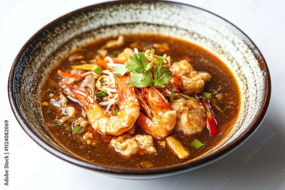 A bowl of shrimp and chicken in a savory sauce, garnished with herbs and vegetables. A bowl of shrimp and chicken in a savory sauce, garnished with herbs and vegetables.