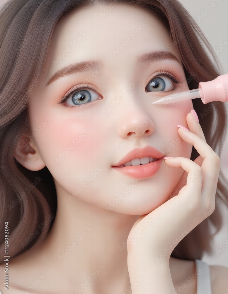 Animated character 3D woman applies serum Animated character 3D woman applies serum
