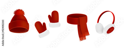 Winter scarf. 3D hat and knit glove. Wool cloth. Mitten and cap for cold Christmas snow weather. Pompom wear. Cozy garment. Warm accessories. Fluffy headband. Vector isolated elements set
