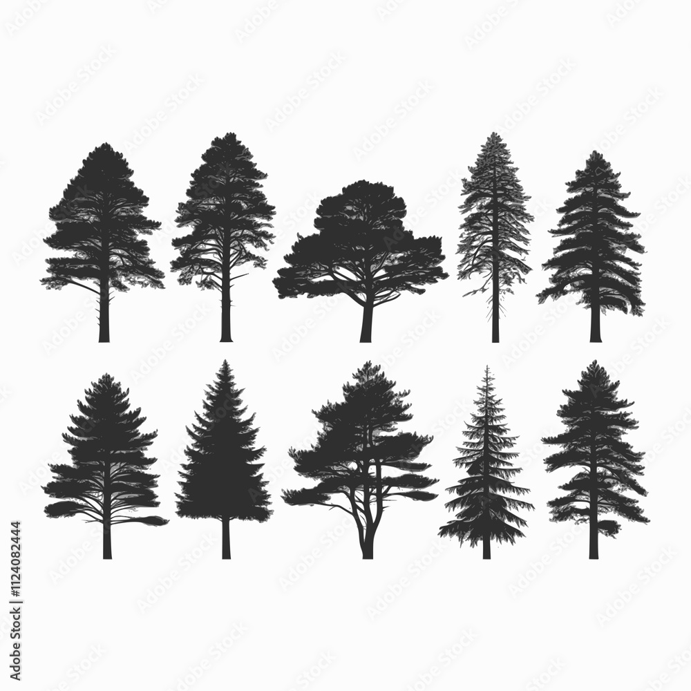 Pine tree silhouettes. Evergreen forest firs and spruces black shapes, wild nature trees templates. Vector woodland. Vector illustration woodland trees set on white background. JPEG version. Pine tree silhouettes. Evergreen forest firs and spruces black shapes, wild nature trees templates. Vector woodland. Vector illustration woodland trees set on white background. JPEG version.