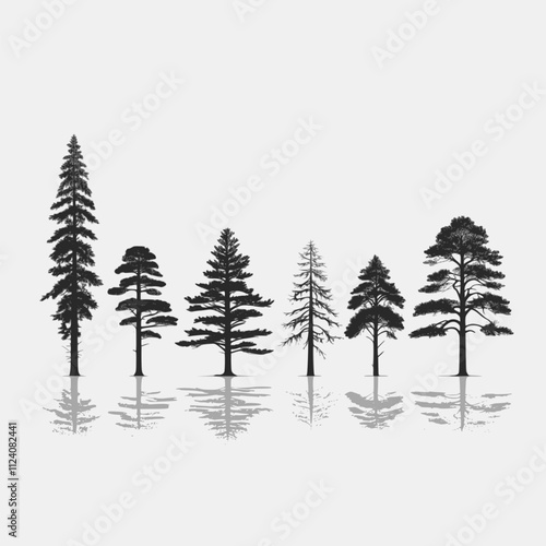 Pine tree silhouettes. Evergreen forest firs and spruces black shapes, wild nature trees templates. Vector woodland. Vector illustration woodland trees set on white background.