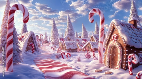 Festive gingerbread village on a snowy path.