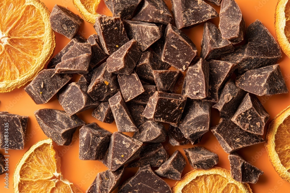 A close-up of chocolate chunks and dried orange slices on an orange background. A close-up of chocolate chunks and dried orange slices on an orange background.