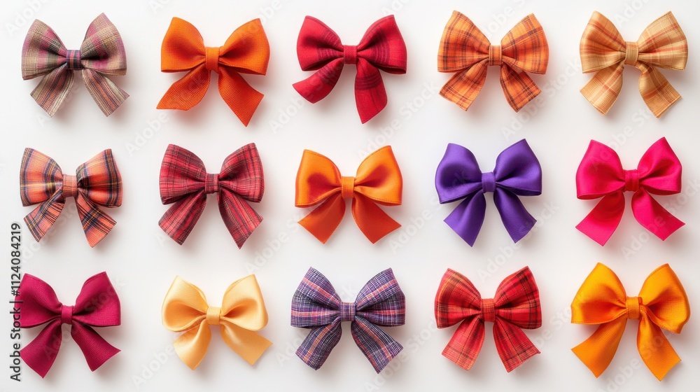 A top-down view of multiple plaid ribbons intersecting with bows at various angles on a pristine white background, creating a symmetrical yet dynamic layout, with gentle natural light A top-down view of multiple plaid ribbons intersecting with bows at various angles on a pristine white background, creating a symmetrical yet dynamic layout, with gentle natural light