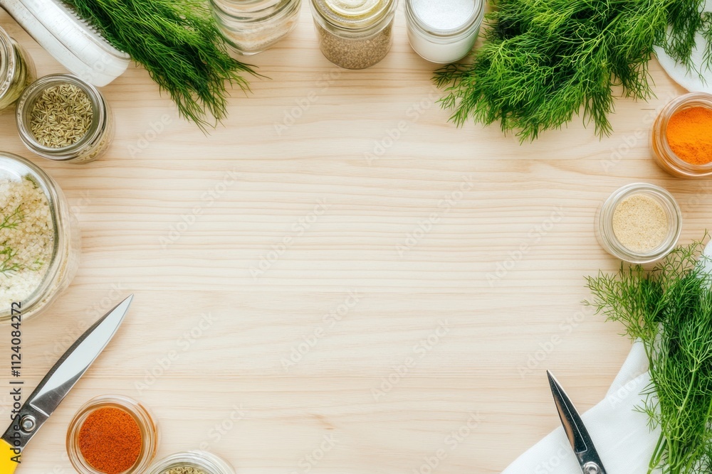 A wooden surface surrounded by jars of spices and herbs, with scissors for culinary use. A wooden surface surrounded by jars of spices and herbs, with scissors for culinary use.