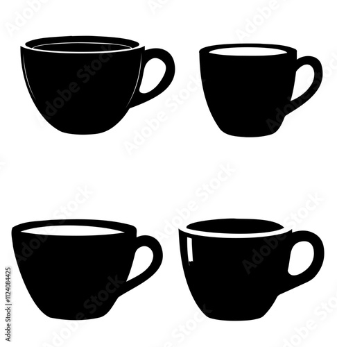 Four distinct black coffee cups in various sizes and styles, arranged in a grid format, showcasing their simple, elegant designs.