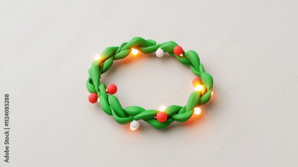 A festive green wreath with lights and ornaments, ideal for holiday decoration. A festive green wreath with lights and ornaments, ideal for holiday decoration.