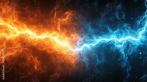 Vibrant hot orange and cold blue electrical lightning energy background with striking high-voltage arcs and dramatic electric storm contrast photo