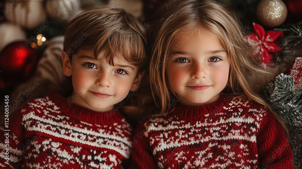 Children festive fashion shoot with kids wearing holiday sweaters surrounded by decorations Children festive fashion shoot with kids wearing holiday sweaters surrounded by decorations