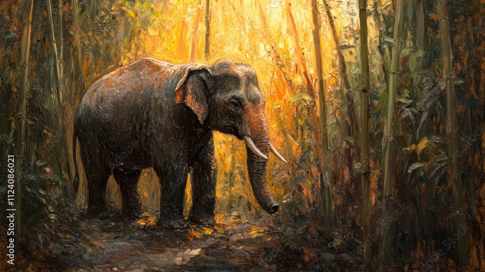 Fototapeta premium A peaceful scene of a Thai elephant feeding on bamboo in the forest