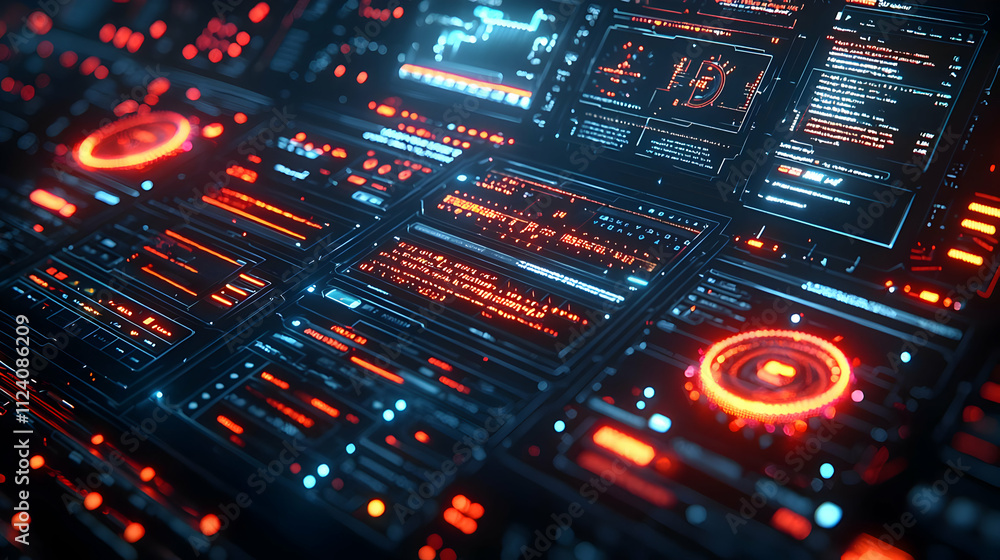 Futuristic Interface: Red & Blue Digital Displays Glowing Brightly Futuristic Interface: Red & Blue Digital Displays Glowing Brightly