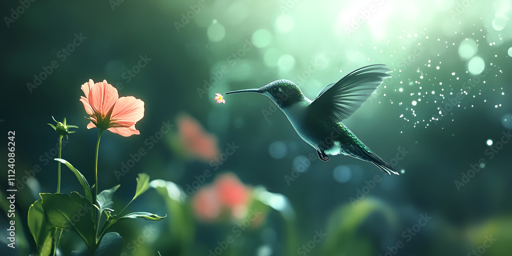 Hummingbird Feeding on Blossoms in Sunlit Garden Hummingbird Feeding on Blossoms in Sunlit Garden