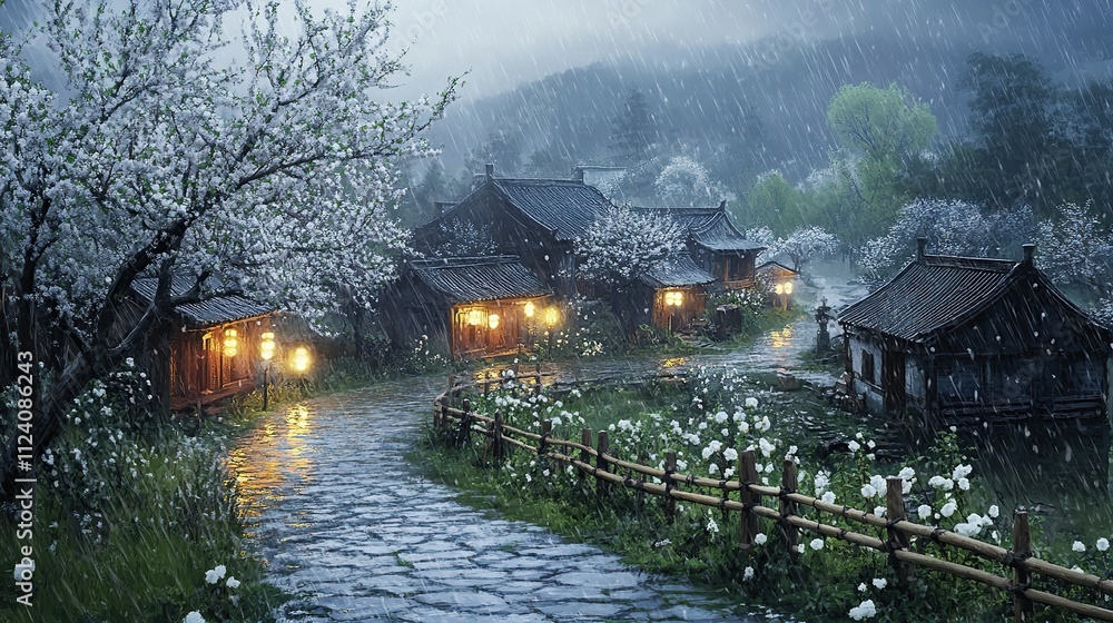 Fototapeta premium A small village in the rain, with white flowers blooming on trees and wooden houses. The lights of ancient Chinese lanterns illuminate the old stone road leading into the distance.