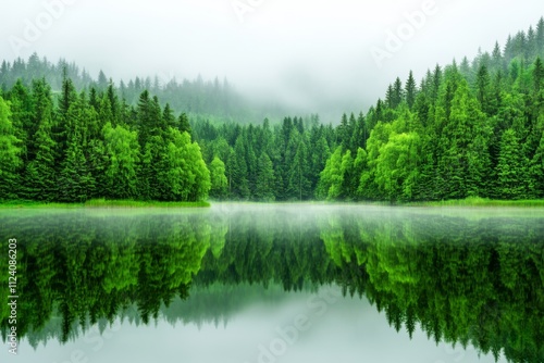 Serene lake reflecting lush green forest under fog.