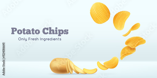 Wavy chips. Fly potato snack, turning in ripple yellow crisps. 3d floating cookie slice, salty fast food. Advertising product banner template with copy space. Vector realistic illustration