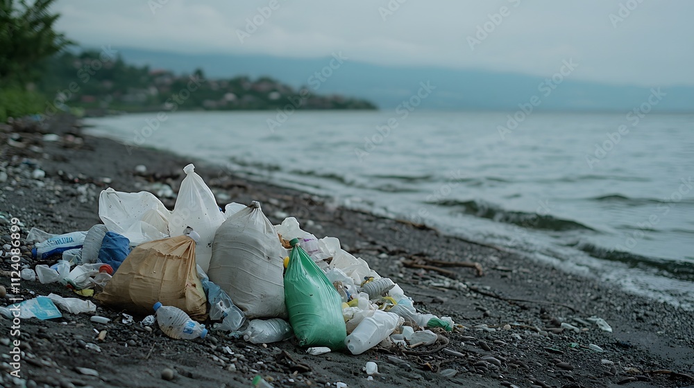 Shoreline Pollution Caused By Plastic Bags and Waste Accumulation Near Water in a Gloomy Environment, Highlighting Environmental Concerns and Human Impact Shoreline Pollution Caused By Plastic Bags and Waste Accumulation Near Water in a Gloomy Environment, Highlighting Environmental Concerns and Human Impact