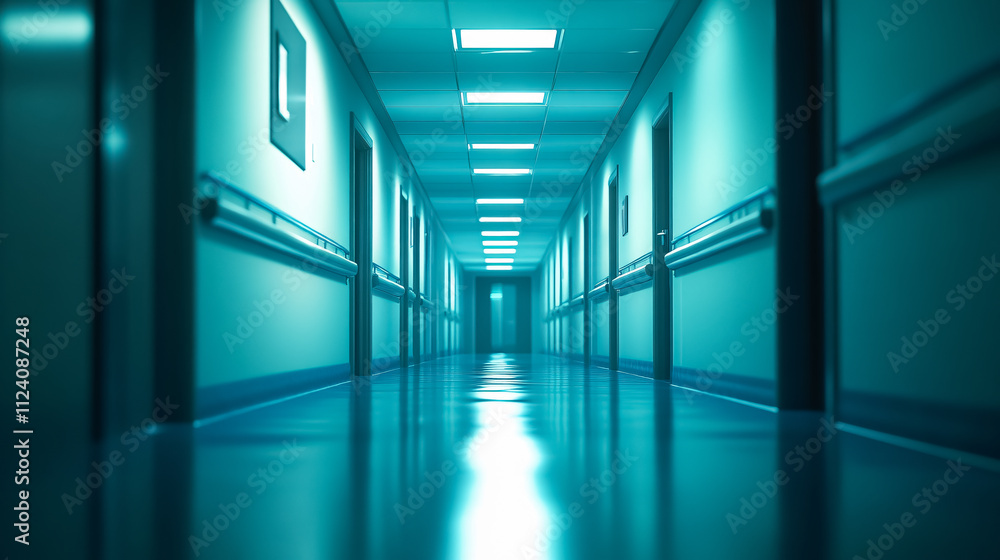 Bright lights illuminating the end of a hospital corridor. Bright lights illuminating the end of a hospital corridor.