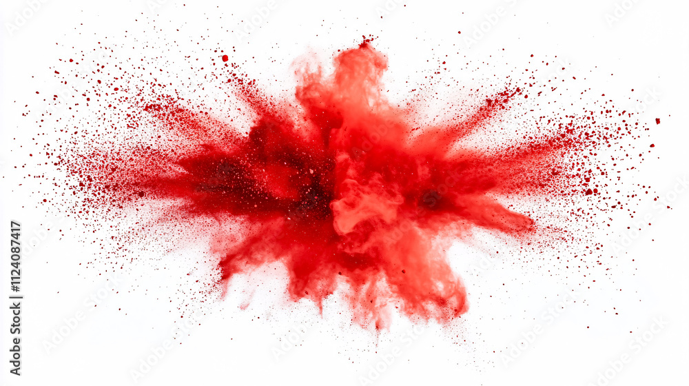 A bright red powder explosion from Holi paint, isolated against a white background for industrial printing. A bright red powder explosion from Holi paint, isolated against a white background for industrial printing.