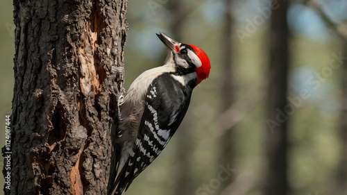 Red Hair woodpecker with vibrant red feathers on its head, perched on a tree. The bird has intricate black and white patterns on its body, and its sharp beak is tapping on the bark of the tree. 