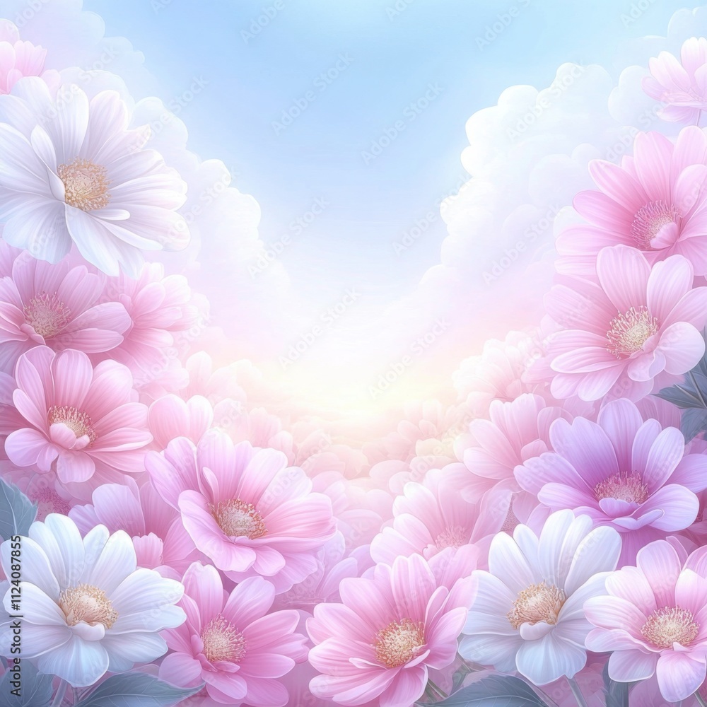 Fototapeta premium Blooming pink and white flowers in a tranquil landscape field nature scene soft sunrise glow serene viewpoint