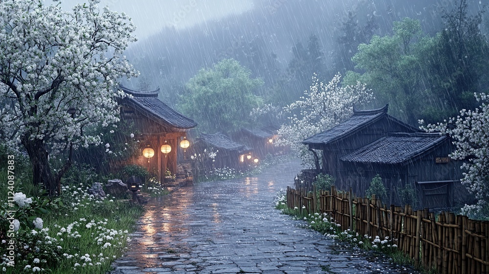 Fototapeta premium A small village in the rain, with white flowers blooming on trees and wooden houses. The lights of ancient Chinese lanterns illuminate the old stone road leading into the distance.