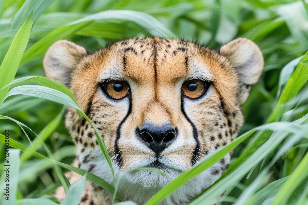 A close-up of a cheetah's face partially hidden in tall green grass. A close-up of a cheetah's face partially hidden in tall green grass.