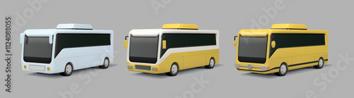 3d bus. Car transport icon. Public city shuttle or tourist travel vehicle on road. Trip tour service. Passengers transportation. Render auto trailer. Vector isolated automobiles set