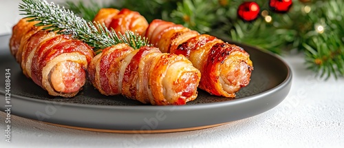 Delicious bacon-wrapped sausages on a black plate, perfect for festive gatherings. photo