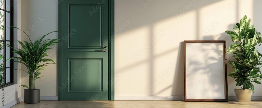 A serene interior featuring a green door, plants, and a blank frame for decoration. A serene interior featuring a green door, plants, and a blank frame for decoration.