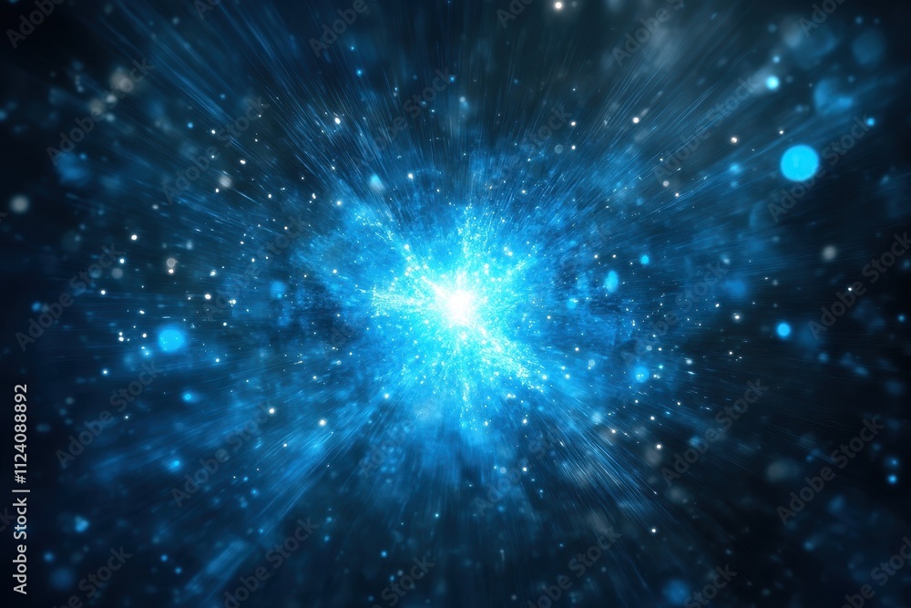 Obraz premium Abstract blue energy burst; glowing particles radiate outwards. Ideal for backgrounds, science fiction, and energy-themed designs.