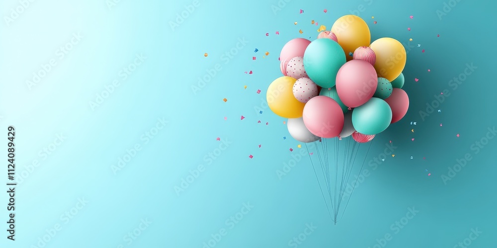 Colorful Balloon Cluster with Confetti on Bright Background Colorful Balloon Cluster with Confetti on Bright Background