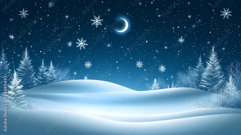 Serene Winter Night Scene With Snow Covered Trees And Crescent Moon Serene Winter Night Scene With Snow Covered Trees And Crescent Moon