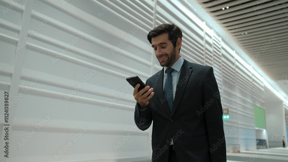 Professional leader walking to office while calling his business team about startup project. Handsome male leader report about marketing plan by using phone while going to meeting room. Exultant. Professional leader walking to office while calling his business team about startup project. Handsome male leader report about marketing plan by using phone while going to meeting room. Exultant.