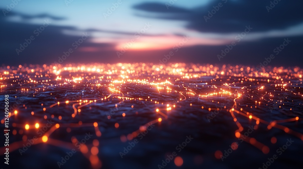 Naklejka premium A digital landscape with glowing lines resembling a network at sunset.