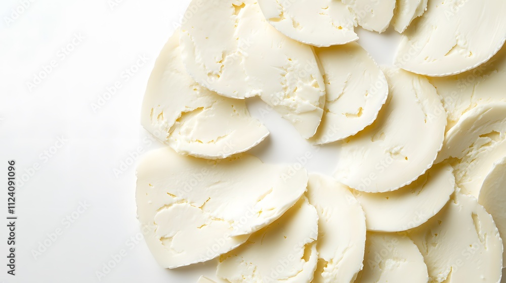 Creamy White Cheese Slices Arranged in a Circular Pattern Creamy White Cheese Slices Arranged in a Circular Pattern