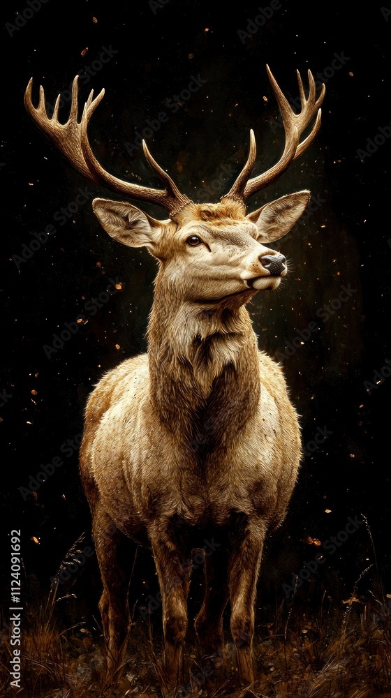 Here's a and keyword list suitable for a stock photo site.. Majestic red deer stag against dark background. Here's a and keyword list suitable for a stock photo site.. Majestic red deer stag against dark background.