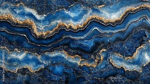 Blue and gold agate stone texture with swirling patterns and glittering details.