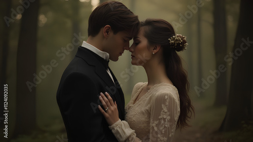 Classic noir elegant couple in love with copy space Young historical couple embracing in love Retro vintage historical concept In the bokeh moody woods background