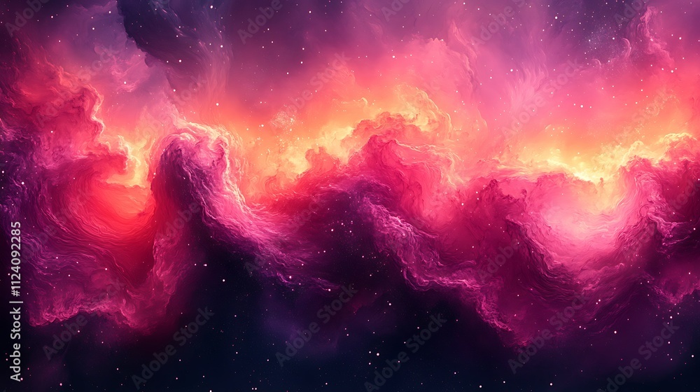 Obraz premium Abstract cosmic nebula with vibrant pink, orange, and purple hues, swirling clouds of gas and dust.